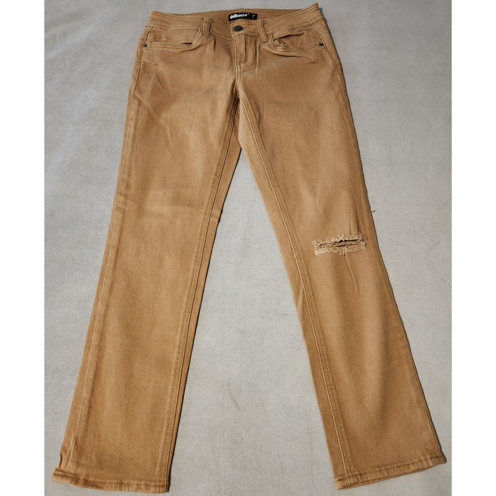 Dollhouse Charley Women's Jeans Size 7 Tan Brown Distressed Straight Leg Stretch